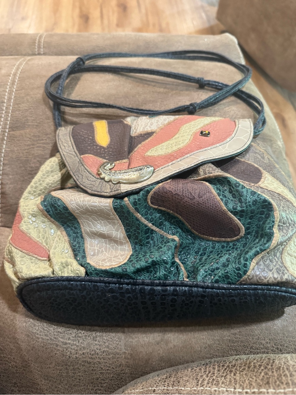 Patchwork Leather Crossbody Bag in Green, Brown, Pink